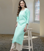 Women Hand Embroidered Sea Green Cotton Lucknowi Chikankari Kurta