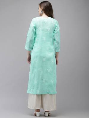Women Hand Embroidered Sea Green Cotton Lucknowi Chikankari Kurta 2