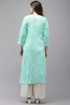Women Hand Embroidered Sea Green Cotton Lucknowi Chikankari Kurta