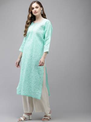 Women Hand Embroidered Sea Green Cotton Lucknowi Chikankari Kurta 3