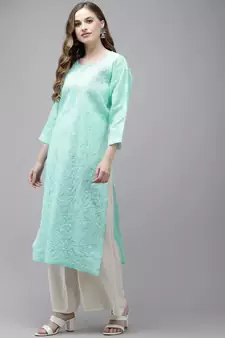 Women Hand Embroidered Sea Green Cotton Lucknowi Chikankari Kurta