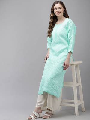 Women Hand Embroidered Sea Green Cotton Lucknowi Chikankari Kurta 4