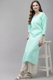 Women Hand Embroidered Sea Green Cotton Lucknowi Chikankari Kurta