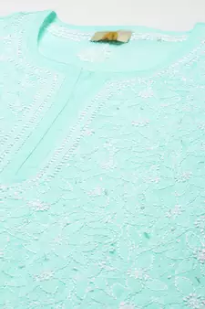Women Hand Embroidered Sea Green Cotton Lucknowi Chikankari Kurta