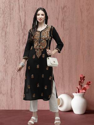 Ada Women Black & Orange Ethnic Motifs Embroidered Thread Work Handloom Kurta - A411273 1
