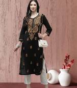 Ada Women Black & Orange Ethnic Motifs Embroidered Thread Work Handloom Kurta - A411273