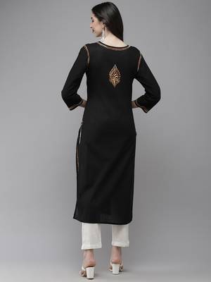 Ada Women Black & Orange Ethnic Motifs Embroidered Thread Work Handloom Kurta - A411273 2