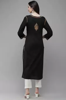 Ada Women Black & Orange Ethnic Motifs Embroidered Thread Work Handloom Kurta - A411273