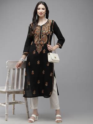 Ada Women Black & Orange Ethnic Motifs Embroidered Thread Work Handloom Kurta - A411273 3