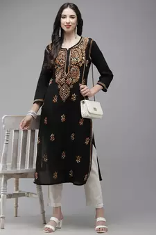 Ada Women Black & Orange Ethnic Motifs Embroidered Thread Work Handloom Kurta - A411273