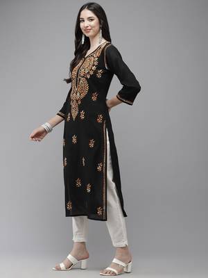Ada Women Black & Orange Ethnic Motifs Embroidered Thread Work Handloom Kurta - A411273 4