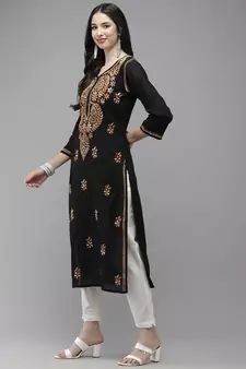 Ada Women Black & Orange Ethnic Motifs Embroidered Thread Work Handloom Kurta - A411273