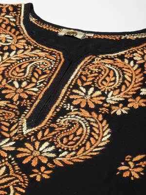 Ada Women Black & Orange Ethnic Motifs Embroidered Thread Work Handloom Kurta - A411273 5