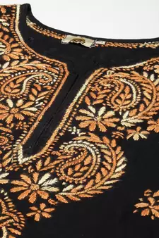 Ada Women Black & Orange Ethnic Motifs Embroidered Thread Work Handloom Kurta - A411273