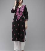 Women Black & Purple Ethnic Motifs Embroidered Thread Work Handloom Kurta