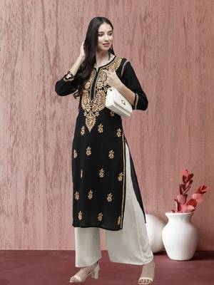 Ada Women Black & Peach-Coloured Ethnic Motifs Embroidered Thread Work Handloom Kurta - A411276 1