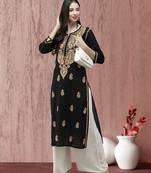 Ada Women Black & Peach-Coloured Ethnic Motifs Embroidered Thread Work Handloom Kurta - A411276