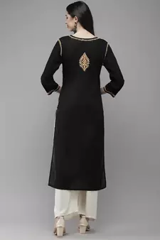Ada Women Black & Peach-Coloured Ethnic Motifs Embroidered Thread Work Handloom Kurta - A411276