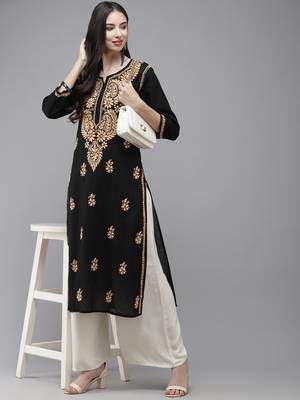 Ada Women Black & Peach-Coloured Ethnic Motifs Embroidered Thread Work Handloom Kurta - A411276 3