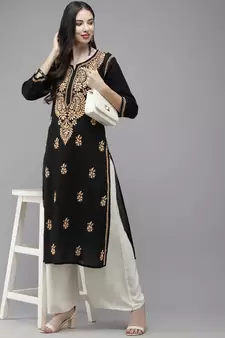 Ada Women Black & Peach-Coloured Ethnic Motifs Embroidered Thread Work Handloom Kurta - A411276