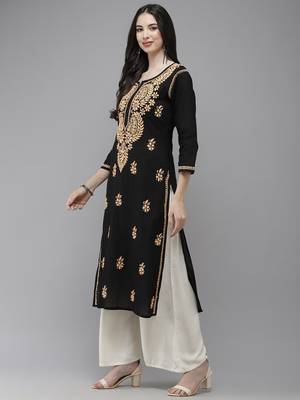 Ada Women Black & Peach-Coloured Ethnic Motifs Embroidered Thread Work Handloom Kurta - A411276 4