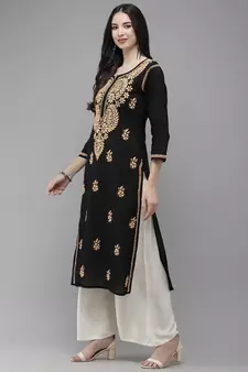 Ada Women Black & Peach-Coloured Ethnic Motifs Embroidered Thread Work Handloom Kurta - A411276