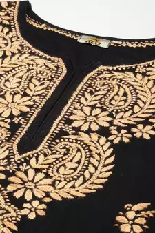 Ada Women Black & Peach-Coloured Ethnic Motifs Embroidered Thread Work Handloom Kurta - A411276