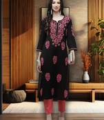 Women Black & Carrot Pink Ethnic Motifs Embroidered Thread Work Handloom Kurta