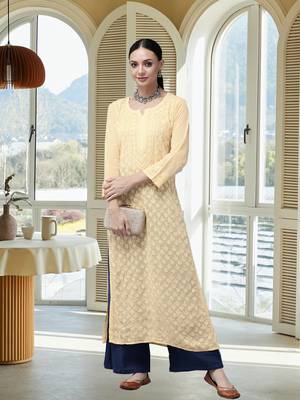 Hand Embroidered Cream Georgette Lucknowi Chikankari Women Kurta 1