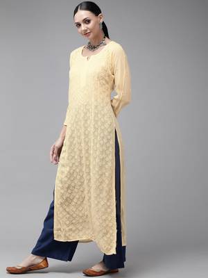 Hand Embroidered Cream Georgette Lucknowi Chikankari Women Kurta 3