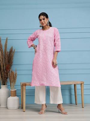 Women Pink Ethnic Motifs Embroidered Lucknow Chikankari Handloom Kurta 1