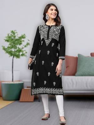 Hand Embroidered Black Cotton Lucknowi Chikankari Women Kurta 1