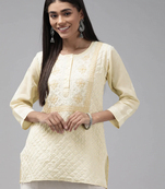 Ada Hand Embroidered Fawn Cotton Lucknowi Chikankari Women Short Kurti - A911239