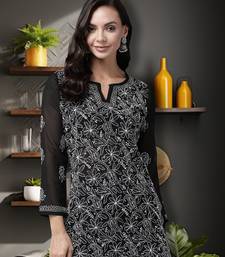 Hand Embroidered Black Georgette Lucknowi Chikankari Trendy Women Short Kurti