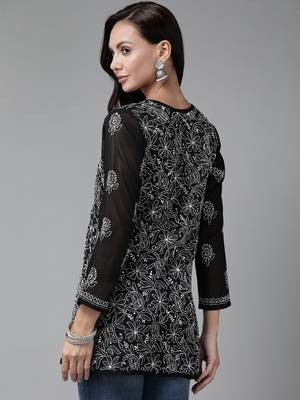 Hand Embroidered Black Georgette Lucknowi Chikankari Trendy Women Short Kurti 3