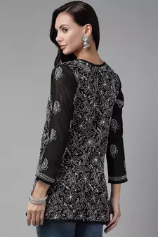 Hand Embroidered Black Georgette Lucknowi Chikankari Trendy Women Short Kurti