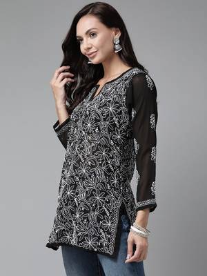 Hand Embroidered Black Georgette Lucknowi Chikankari Trendy Women Short Kurti 4
