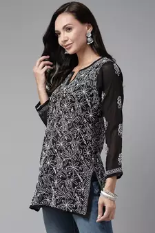 Hand Embroidered Black Georgette Lucknowi Chikankari Trendy Women Short Kurti