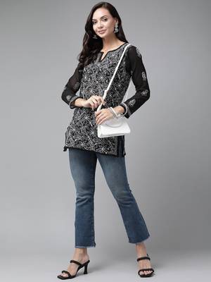 Hand Embroidered Black Georgette Lucknowi Chikankari Trendy Women Short Kurti 1