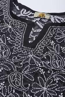Hand Embroidered Black Georgette Lucknowi Chikankari Trendy Women Short Kurti