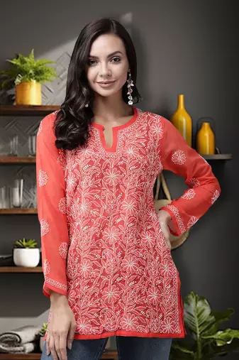 Hand Embroidered Rust Georgette Lucknowi Chikankari Trendy Women Short Kurti