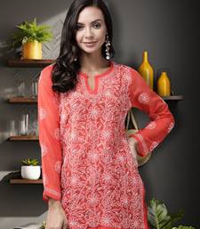 Hand Embroidered Rust Georgette Lucknowi Chikankari Trendy Women Short Kurti