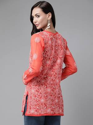 Hand Embroidered Rust Georgette Lucknowi Chikankari Trendy Women Short Kurti 3