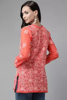 Hand Embroidered Rust Georgette Lucknowi Chikankari Trendy Women Short Kurti