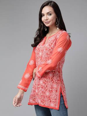 Hand Embroidered Rust Georgette Lucknowi Chikankari Trendy Women Short Kurti 4