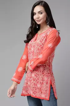Hand Embroidered Rust Georgette Lucknowi Chikankari Trendy Women Short Kurti