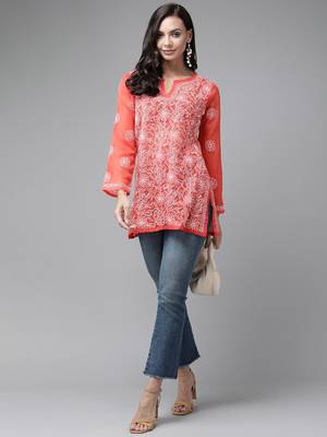Hand Embroidered Rust Georgette Lucknowi Chikankari Trendy Women Short Kurti 1