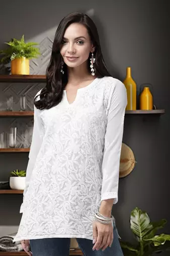 Hand Embroidered White Georgette Lucknowi Chikankari Women Short Kurti