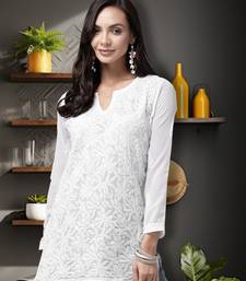 Hand Embroidered White Georgette Lucknowi Chikankari Women Short Kurti