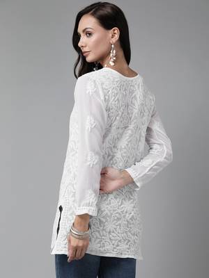 Hand Embroidered White Georgette Lucknowi Chikankari Women Short Kurti 3